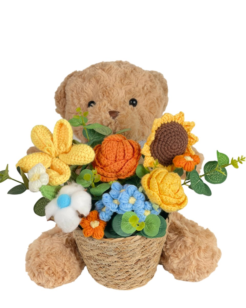 Cuddle Bear - Hugging Yellow Flower Basket - Flowers - Preserved Flowers & Fresh Flower Florist Gift Store