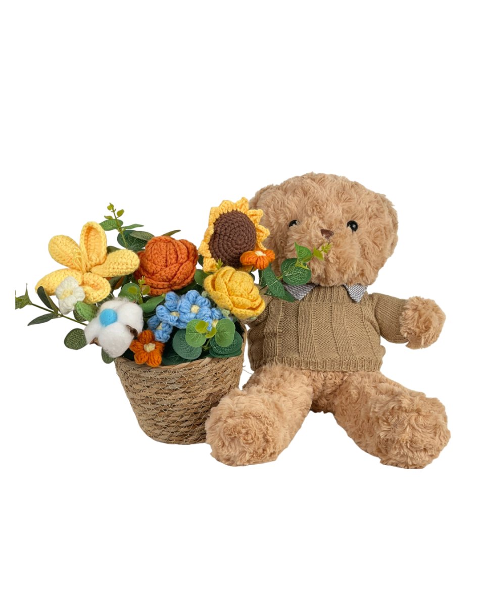 Cuddle Bear - Hugging Yellow Flower Basket - Flowers - Preserved Flowers & Fresh Flower Florist Gift Store