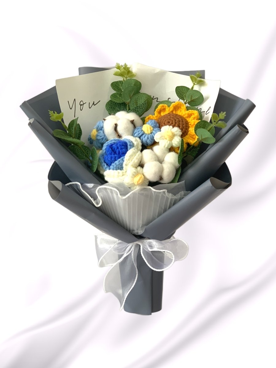 Emiko - Handmade Crochet Flower Bouquet, Blue - Flower - Standard - Preserved Flowers & Fresh Flower Florist Gift Store