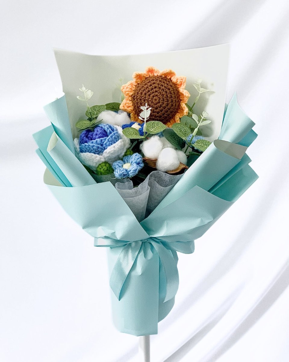 Kimiko - Handmade Crochet Flower Bouquet, Blue - Flower - Standard - Preserved Flowers & Fresh Flower Florist Gift Store