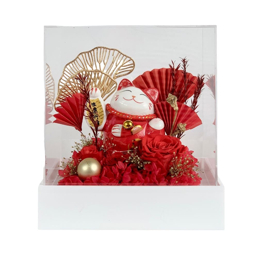 Maneki-Neko 招き猫 Flower Box, Red (Business Prosperity) - Flower - Preserved Flowers & Fresh Flower Florist Gift Store