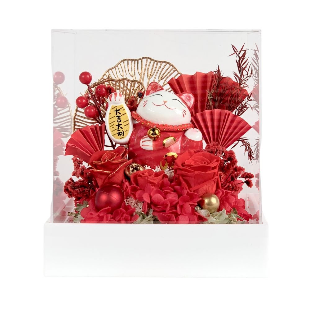 Maneki-Neko 招き猫 Flower Box, Red (Good Fortune) - Flower - Preserved Flowers & Fresh Flower Florist Gift Store