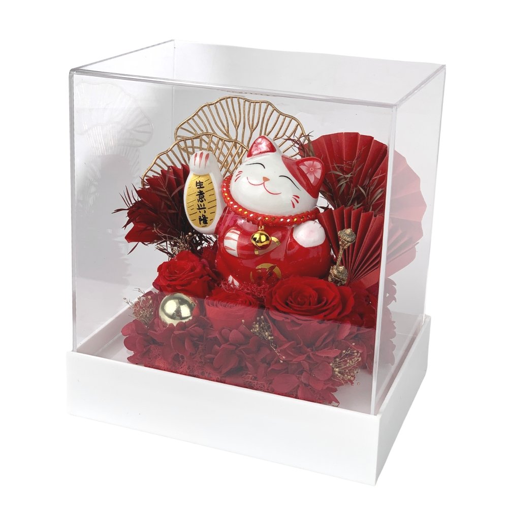 Maneki-Neko 招き猫 Preserved Flower Box, Red - Flower - Preserved Flowers & Fresh Flower Florist Gift Store