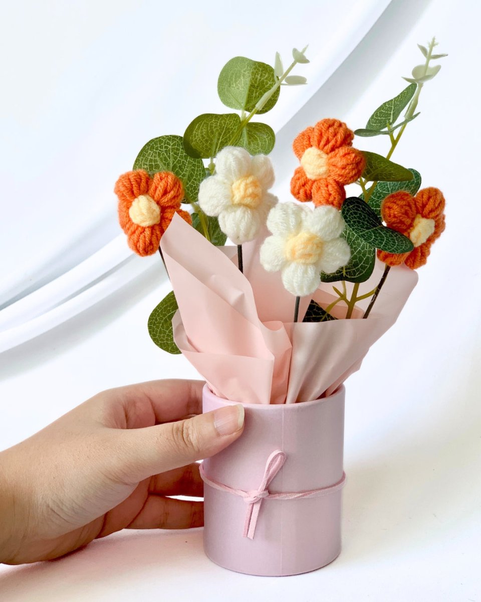 Mini Daisies Crochet in Cone - Flower - Orange - Preserved Flowers & Fresh Flower Florist Gift Store
